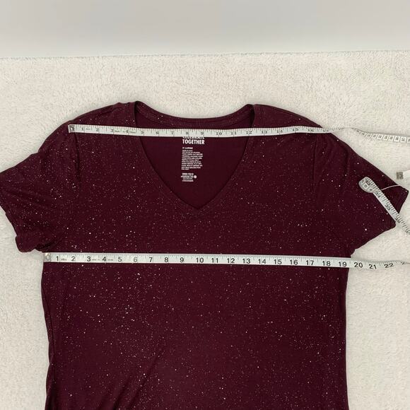 Womens XL Top V-Neck Plum w/Silver Glitter Short Sleeve Stretch Soft Party - Picture 4 of 9